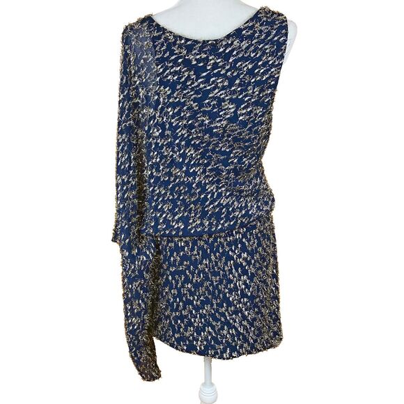 Haney Lucia Dress Size 8 Navy Blue Silk Blend 1-Shoulder Asymmetric Embellished - Picture 5 of 10